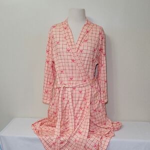 COZYS Kimono Robe Lightweight Pink w/ HeartsBelt Tie Lounge Coverup Soft